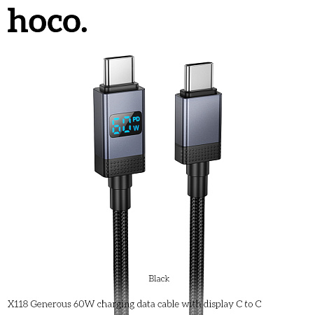 Дата-кабель USB 3.0A 60W для Type-C Type-C Hoco X118 с дисплеем нейлон 1м