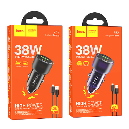 АЗУ 1USB+1Type-C 3.0A PD38W+QC3.0 быстрая зарядка для micro USB Hoco Z52