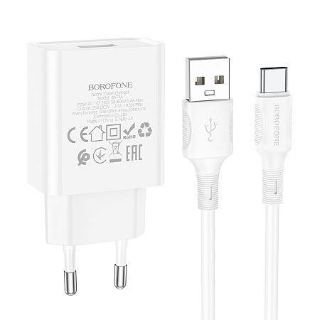 СЗУ 1USB 2.1A для Type-C Borofone BA74A 1м