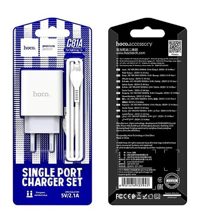 СЗУ 1USB 2.1A для Lightning 8-pin Hoco C81A 1м