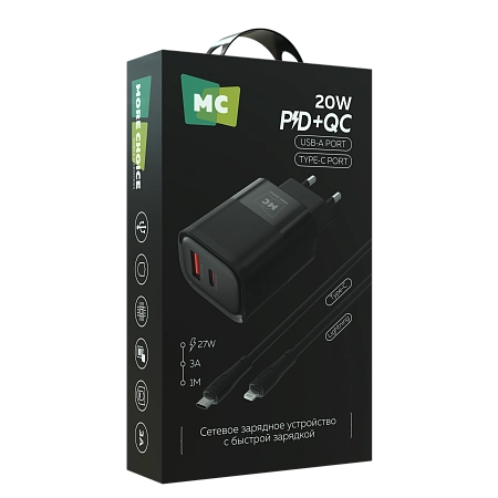 СЗУ 1USB+1Type-C 3.0A PD 20W+ QC3.0 быстрая зарядка для Lightning 8-pin Type-C More Choice NC81i
