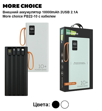 PURE Внешний аккумулятор 10000mAh 2USB 2.1A More choice PB22-10 с кабелем