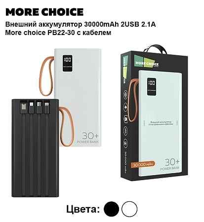 PURE Внешний аккумулятор 30000mAh 2USB 2.1A More choice PB22-30 с кабелем