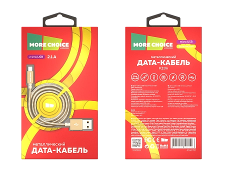 Дата-кабель USB 2.1A для micro USB More choice K31m металл 1м