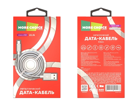 Дата-кабель USB 2.1A для micro USB More choice K31m металл 1м