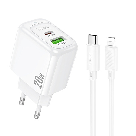 СЗУ 1USB+1Type-C 3.0A QC3.0 PD 20W быстрая зарядка для Lightning 8-pin Type-C Hoco CS54A 1м