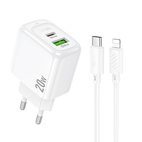 СЗУ 1USB+1Type-C 3.0A QC3.0 PD 20W быстрая зарядка для Lightning 8-pin Type-C Hoco CS54A 1м
