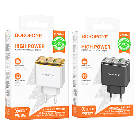 СЗУ 1USB+1Type-C 3.0A QC3.0 PD 30W быстрая зарядка Borofone BAS32A